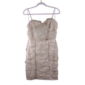 Windsor Beige Sequins Sparkle Party Festive Evening Spaghetti Strap Mini Dress